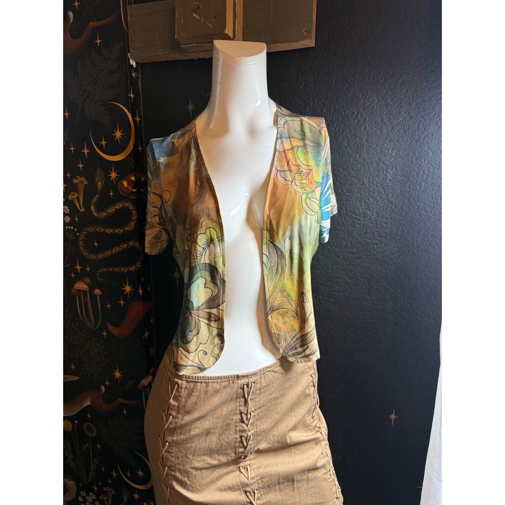 Pretty Woman Watercolor Floral Open Front Shrug Short Sleeve Bolero Top Size 1